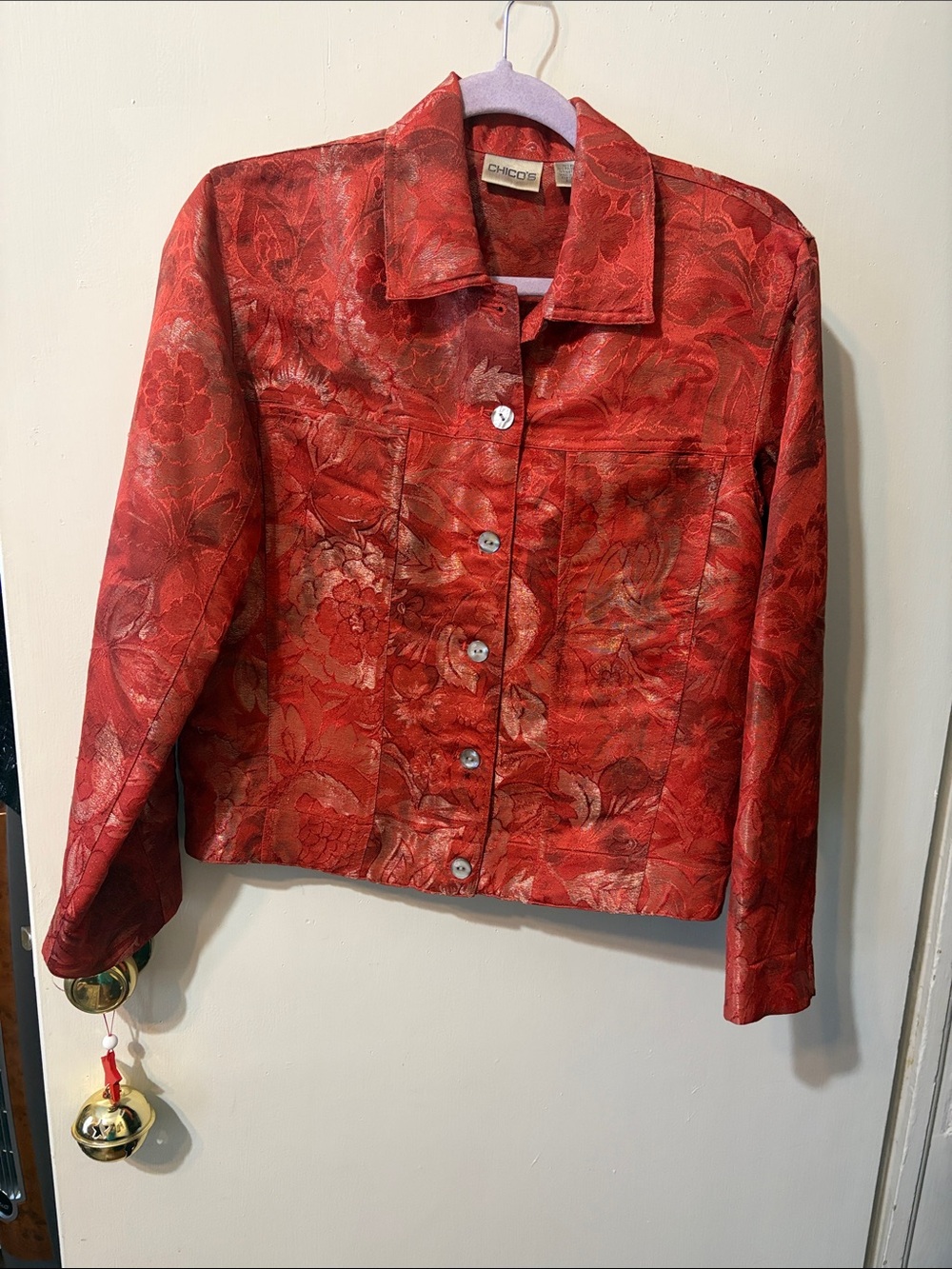Chico's Red Floral Brocade Jean Jacket